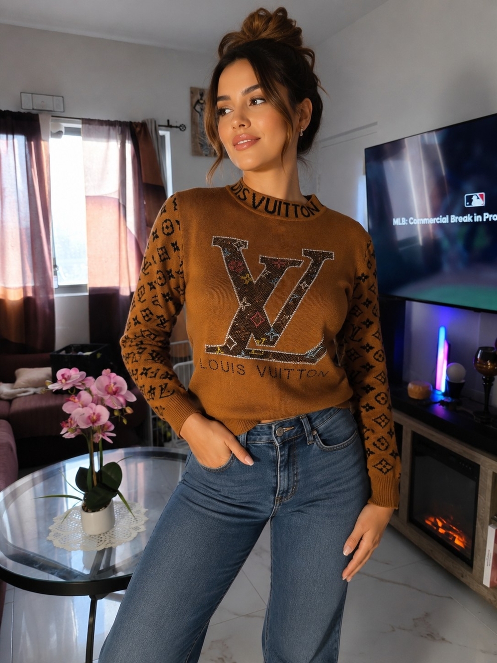 Brown Rhinestone Monogram Style Sweater Size S